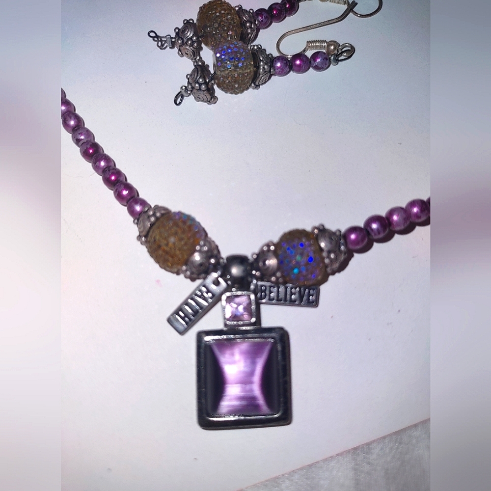 FAITH BELIEVE Purple Bead Necklace & Earrings Set Magnetic Clasp